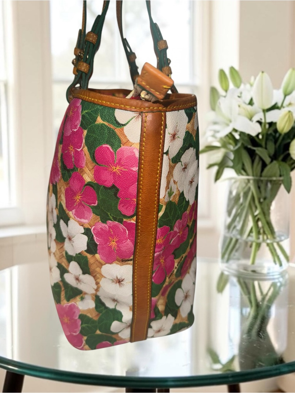 Dooney & Bourke Floral Pink, White, and Green Large Shopper Tote Bag EUC - Picture 6 of 16
